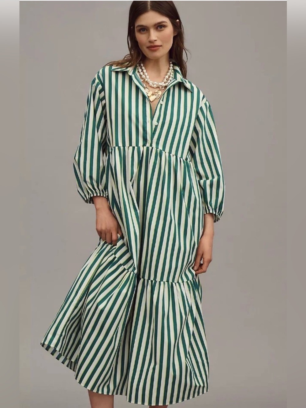 Maeve Anthropologie Bettina Tiered Shirt Dress Green Stripe Buttondown Size XS